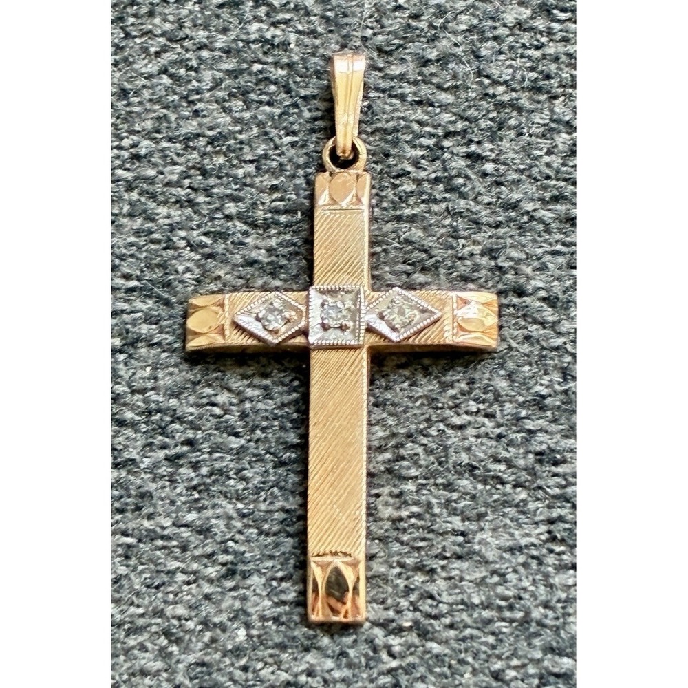 Vintage 14K Gold 3 Diamond Cross Pendant Two Tone Art Deco 1.00g Signed